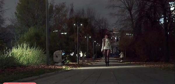  Deep Evening - Russian beauty Jeny Smith walks in public in transparent tights without panties. So you can see the pussy